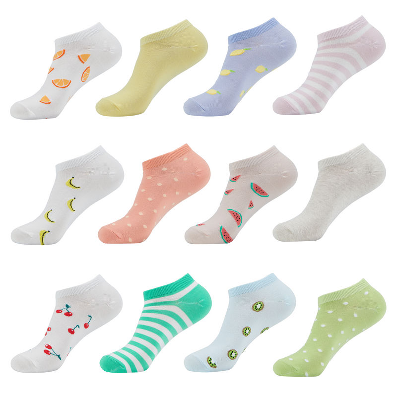 Grappige sokken - Vrolijke Lage Onzichtbare Fruitige Sokken - Dames - 12 Paar - Maat 36-38 - Fruit Patroon - Perfect Cadeau